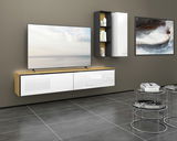 TV-Hängeelement in modernem Wohnzimmer, seitliche Perspektive