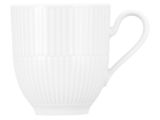 Weißer Becher mit Henkel, seitliche Perspektive, geriffelte Oberfläche, 0,35 l