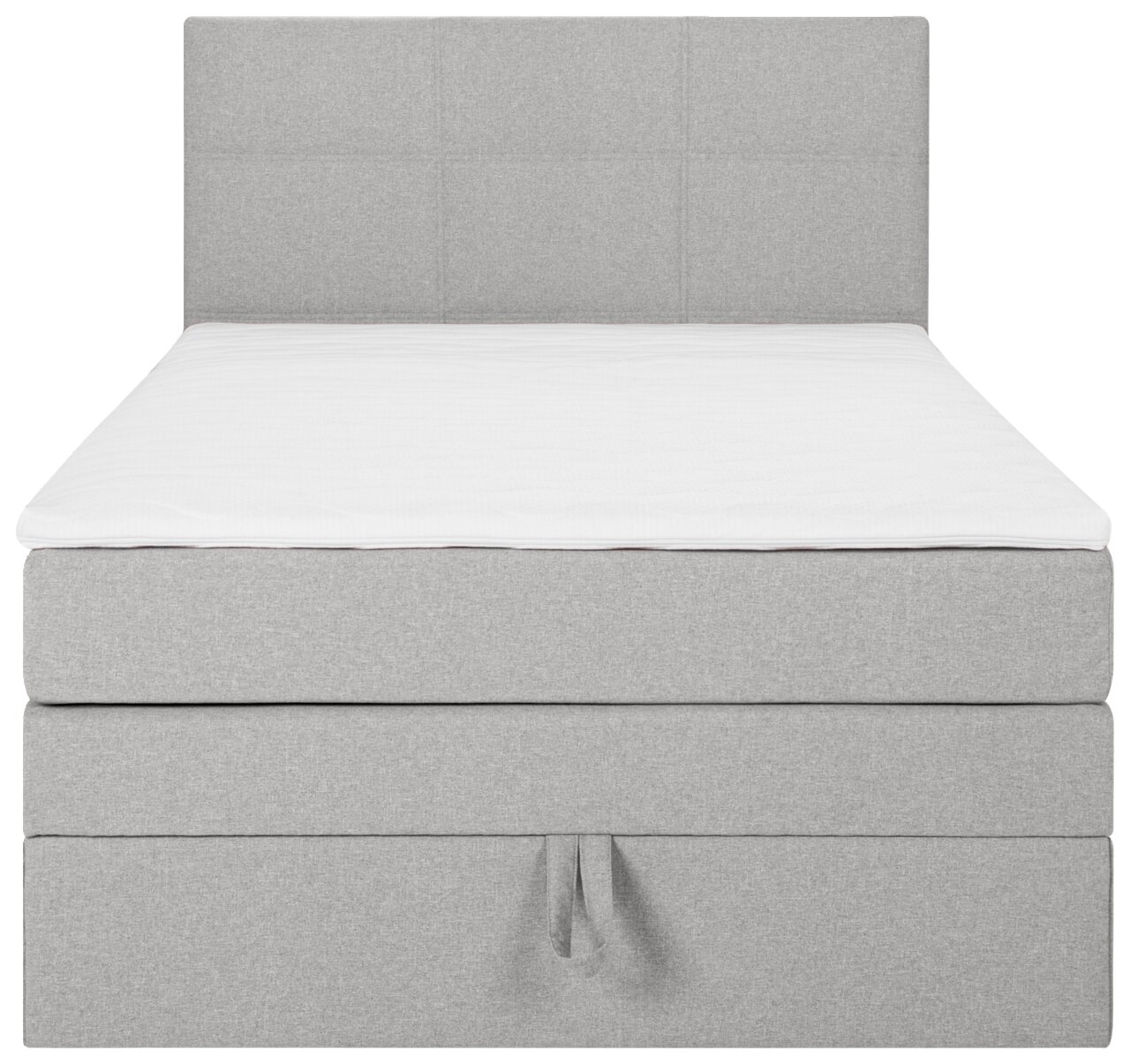 Graues Boxspringbett in Frontalansicht mit gepolstertem Kopfteil und weißer Matratzenauflage.