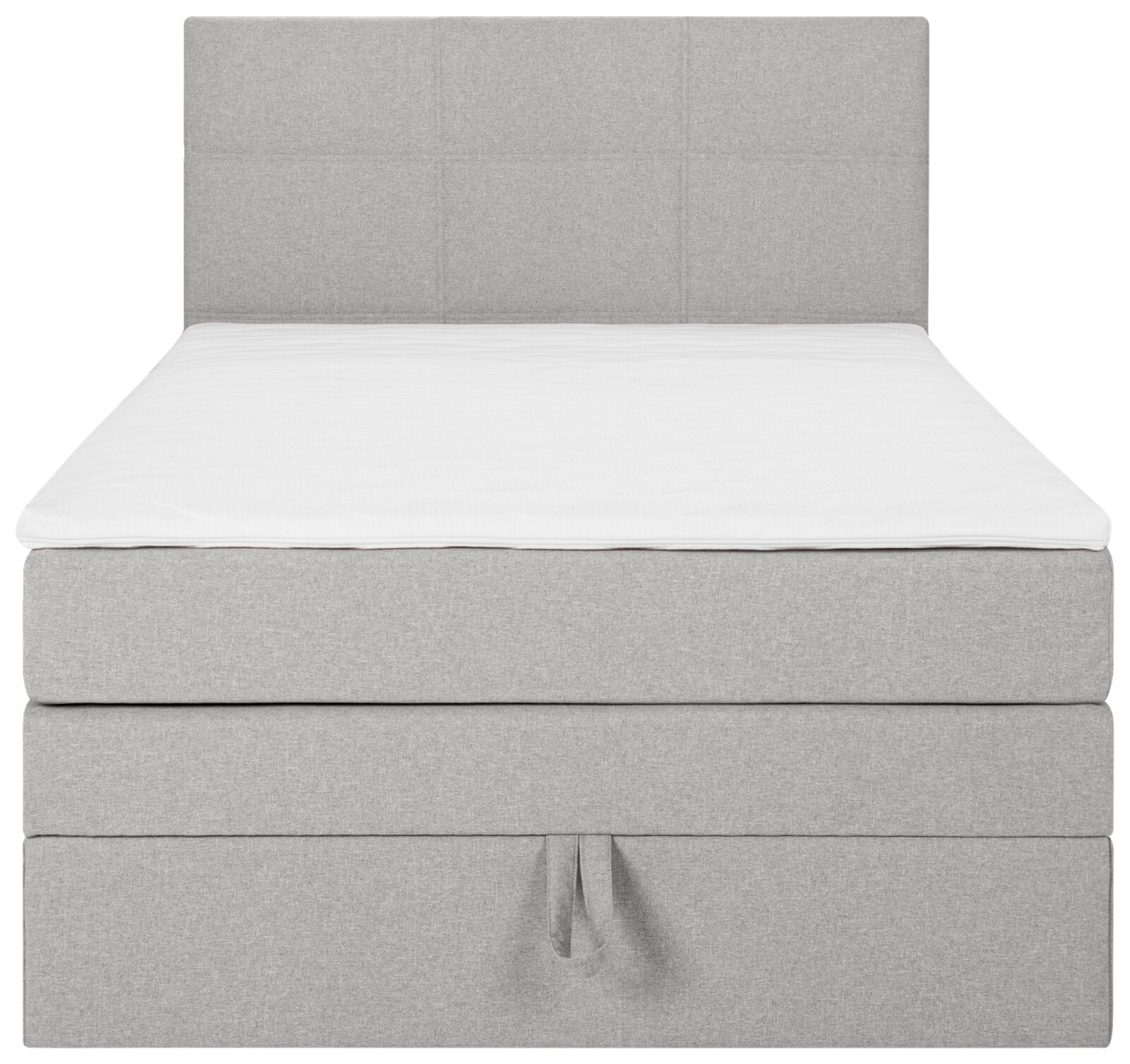 Graues Boxspringbett in Frontalansicht mit gepolstertem Kopfteil und weißer Matratzenauflage.