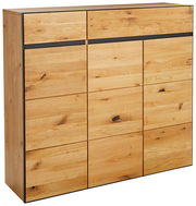 XL-Schuhschrank aus hellem Holz mit mehreren Schubladen, seitliche Perspektive