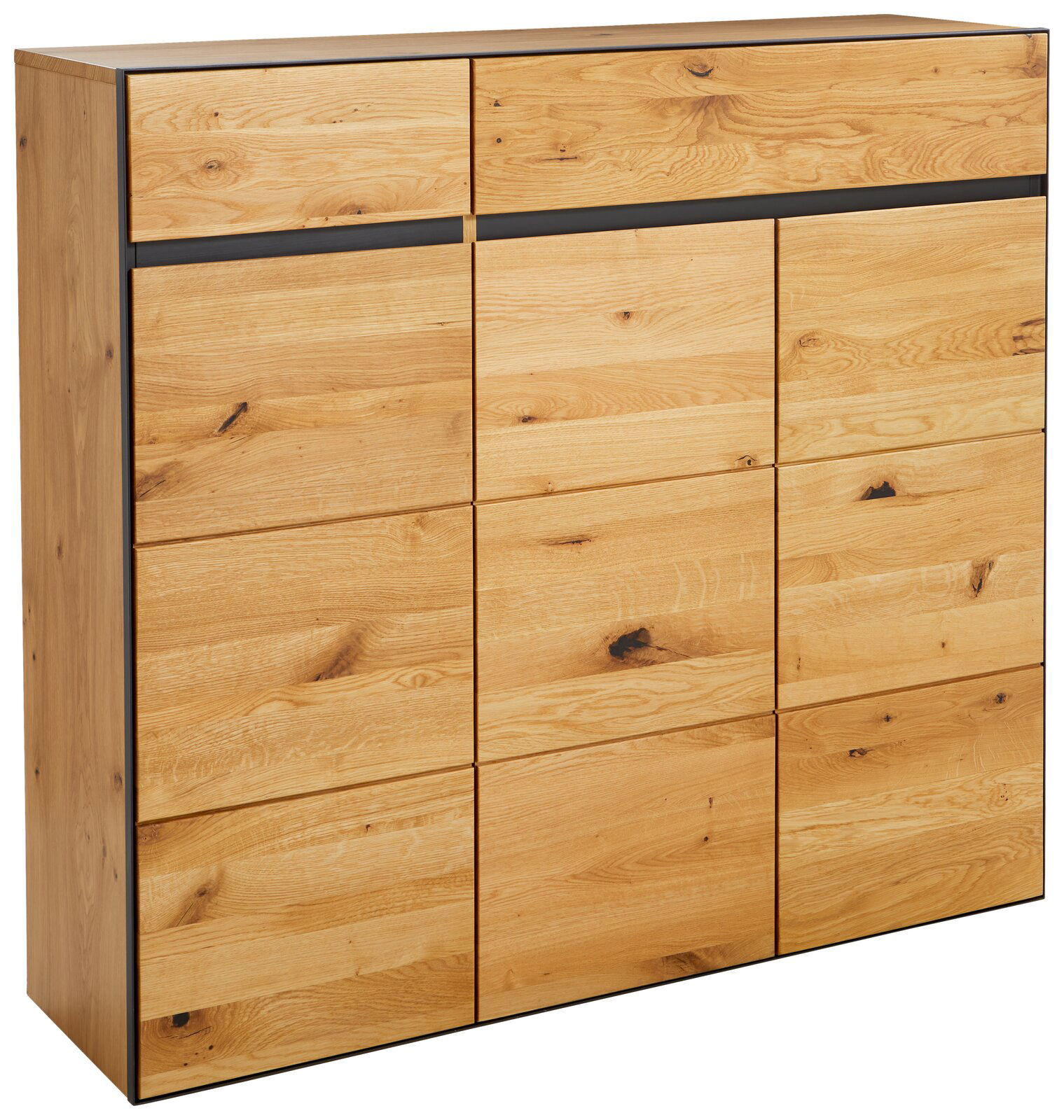 XL-Schuhschrank aus hellem Holz mit mehreren Schubladen, seitliche Perspektive