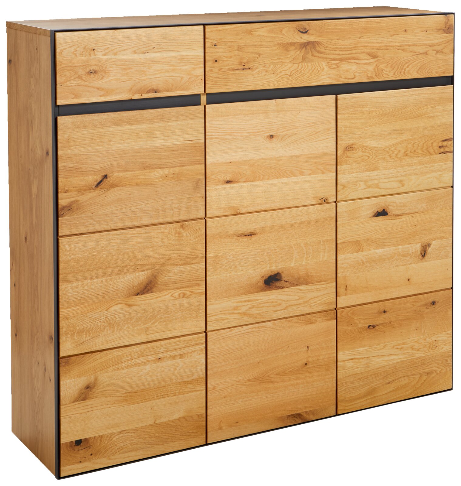 XL-Schuhschrank aus hellem Holz mit mehreren Schubladen, seitliche Perspektive