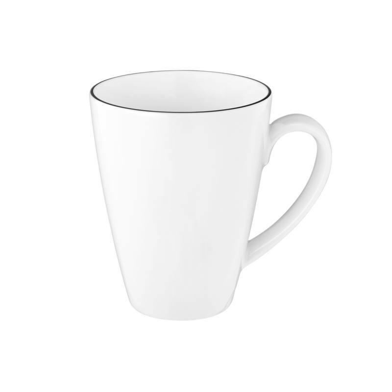 Weißer Becher mit schwarzem Rand, seitliche Perspektive