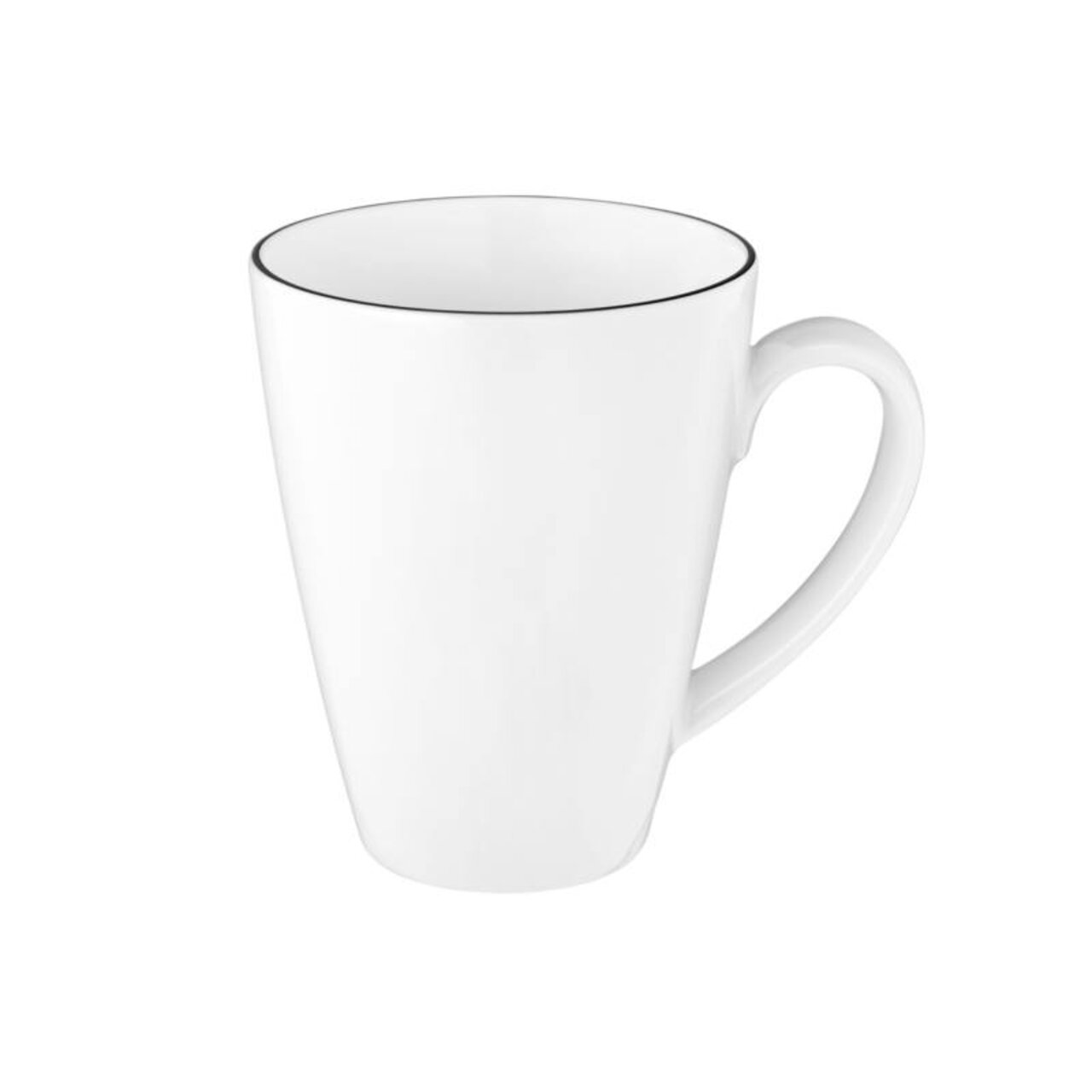 Weißer Becher mit schwarzem Rand, seitliche Perspektive