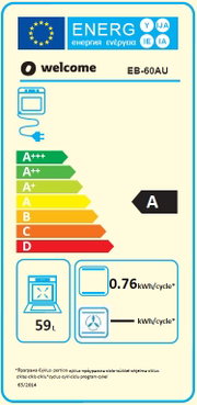 Energieeffizienz-Label für einen Backofen mit der Klasse A, 59 Liter Volumen, Energieverbrauch von 0,76 kWh pro Zyklus, frontal abgebildet.
