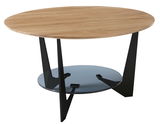 Moderner runder Couchtisch mit Holzplatte und schwarzem Metallgestell, seitliche Perspektive