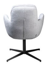 Grauer Drehstuhl von hinten mit schwarzem Metallfuß und gepolsterter Rückenlehne.