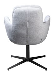 Grauer Drehstuhl von hinten mit schwarzem Metallfuß und gepolsterter Rückenlehne.