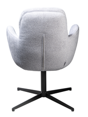 Grauer Drehstuhl von hinten mit schwarzem Metallfuß und gepolsterter Rückenlehne.