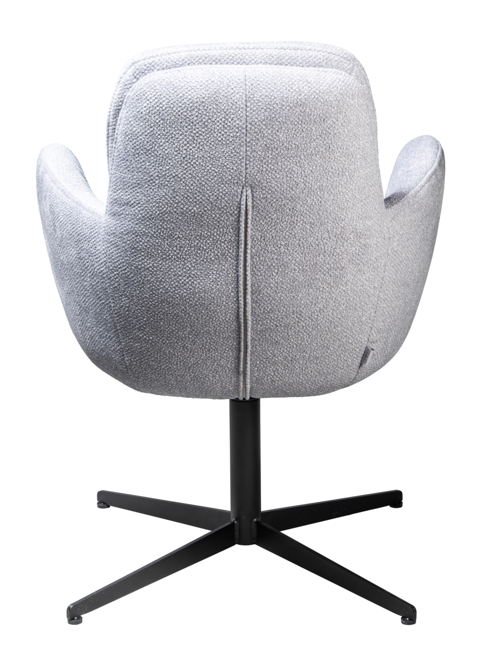 Grauer Drehstuhl von hinten mit schwarzem Metallfuß und gepolsterter Rückenlehne.
