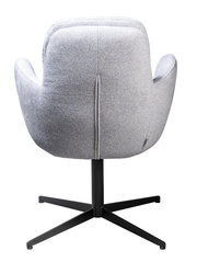 Grauer Drehstuhl von hinten mit schwarzem Metallfuß und gepolsterter Rückenlehne.