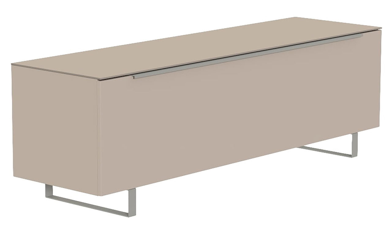 Beiges TV-Lowboard mit modernem Design, seitliche Perspektive