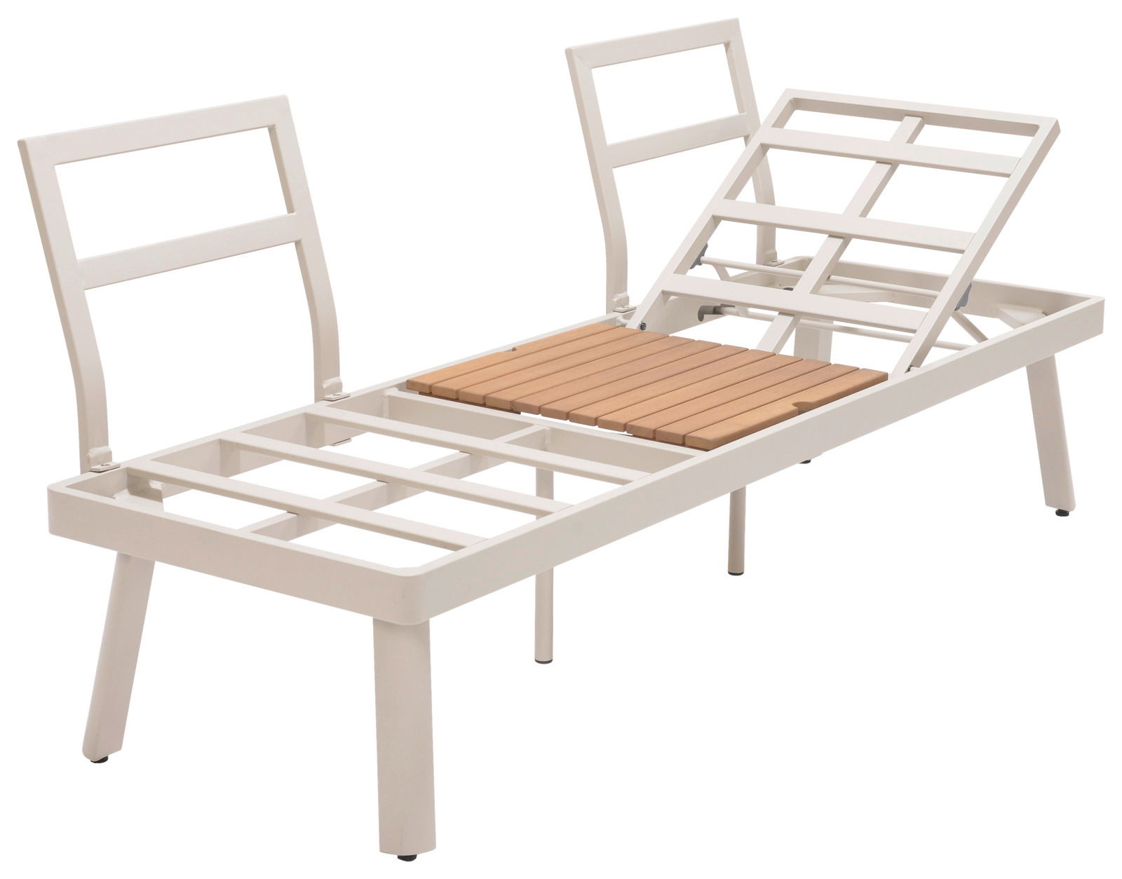 Seitliche Ansicht einer weißen Lounge-Kombination mit verstellbaren Rückenlehnen und Holzlatten in der Mitte.