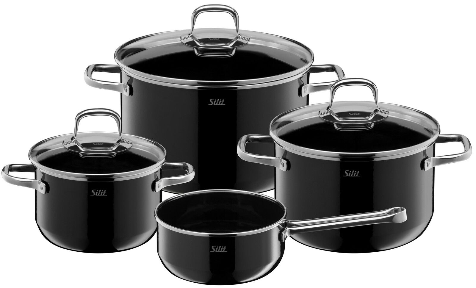 Topfset Elegance Line 4-teilig in Schwarz, bestehend aus drei Töpfen mit Deckeln und einer Stielkasserolle, aus seitlicher Perspektive fotografiert.