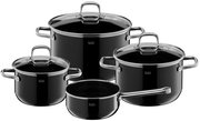 Topfset Elegance Line 4-teilig in Schwarz, bestehend aus drei Töpfen mit Deckeln und einer Stielkasserolle, aus seitlicher Perspektive fotografiert.