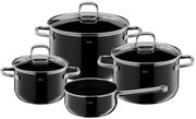 Topfset Elegance Line 4-teilig in Schwarz, bestehend aus drei Töpfen mit Deckeln und einer Stielkasserolle, aus seitlicher Perspektive fotografiert.