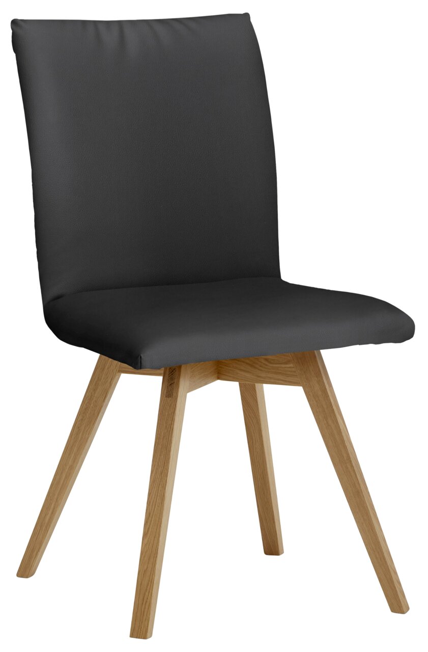 Moderner Stuhl mit schwarzem Bezug und Holzbeinen, seitliche Perspektive