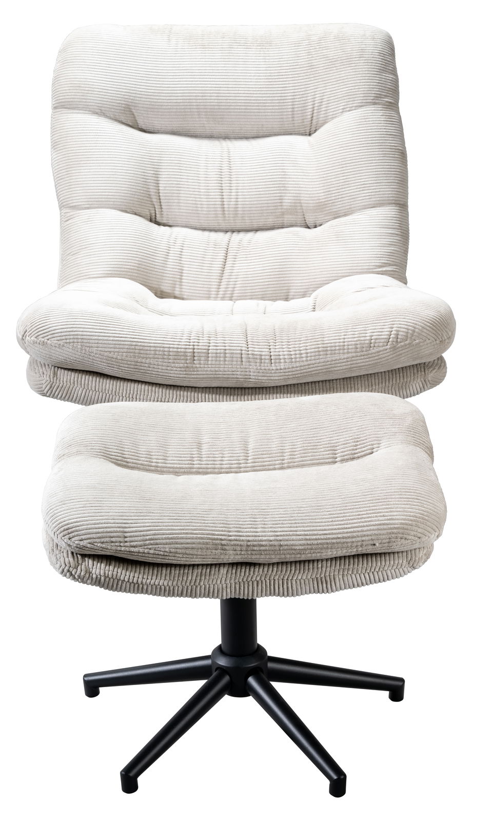 Beiger, drehbarer Sessel mit Hocker, Vorderansicht