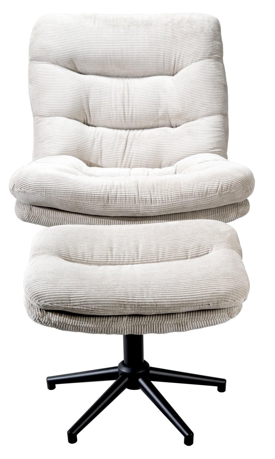 Beige, draaibare fauteuil met bijzetkruk, vooraanzicht