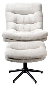 Beige, draaibare fauteuil met bijzetkruk, vooraanzicht