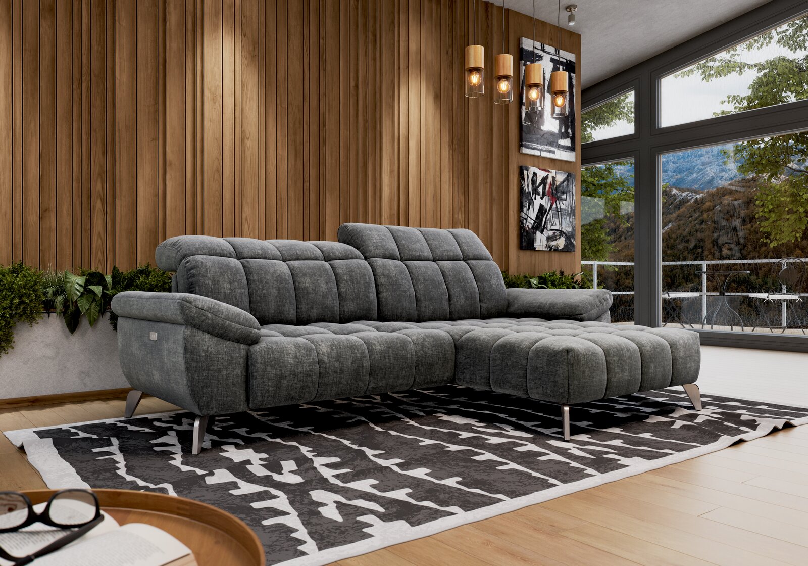 Graue Longchairkombination mit moderner Polsterung, seitliche Perspektive, in einem stilvollen Wohnzimmer mit Holzwand und großen Fenstern.