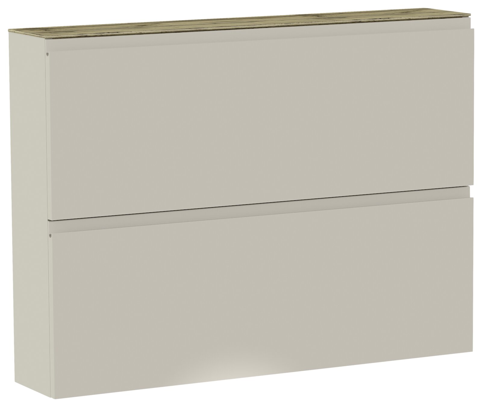 Hängeschuhschrank 2K-T22 in seitlicher Perspektive mit zwei Klappen und einer Holzoberfläche.