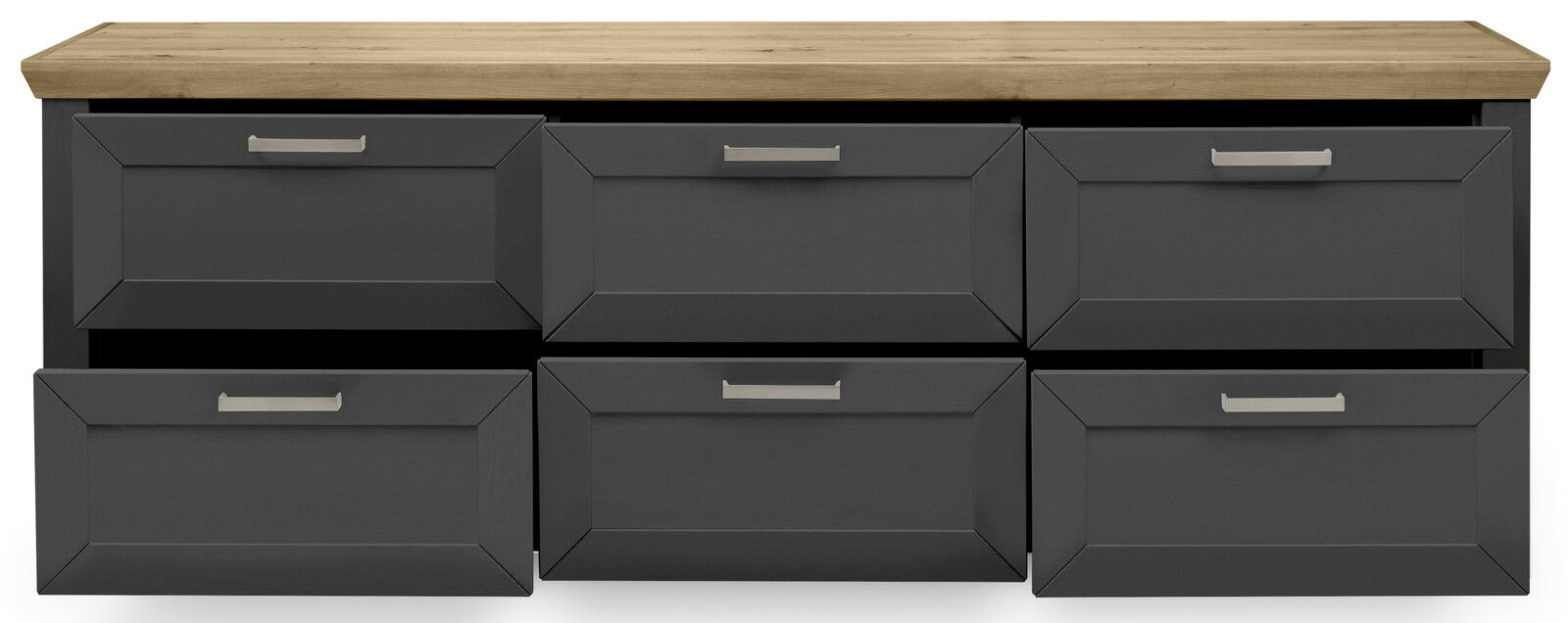 Frontansicht eines modernen Sideboards mit sechs Schubladen in dunklem Grau und einer Holzoberfläche.
