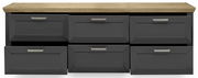 Frontansicht eines modernen Sideboards mit sechs Schubladen in dunklem Grau und einer Holzoberfläche.