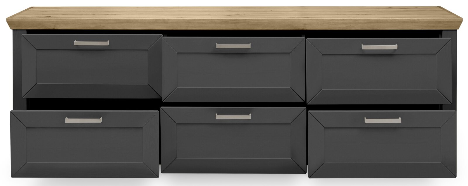 Frontansicht eines modernen Sideboards mit sechs Schubladen in dunklem Grau und einer Holzoberfläche.