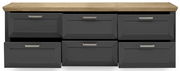 Frontansicht eines modernen Sideboards mit sechs Schubladen in dunklem Grau und einer Holzoberfläche.