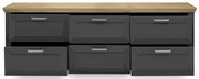 Frontansicht eines modernen Sideboards mit sechs Schubladen in dunklem Grau und einer Holzoberfläche.