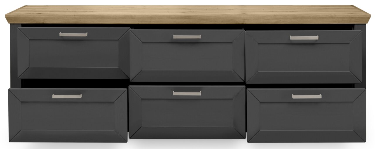 Frontansicht eines modernen Sideboards mit sechs Schubladen in dunklem Grau und einer Holzoberfläche.