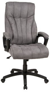 Grauer Chefsessel mit gepolstertem Sitz und Rückenlehne, Armlehnen und Rollen, Vorderansicht.