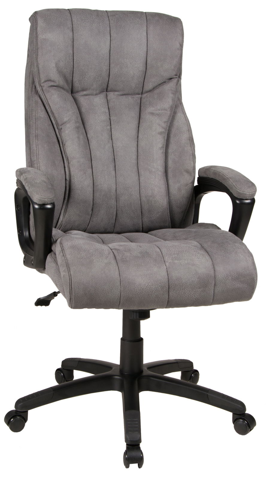 Grauer Chefsessel mit gepolstertem Sitz und Rückenlehne, Armlehnen und Rollen, Vorderansicht.