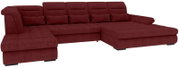 Bordeauxrotes U-förmiges Wohnlandschaft-Ecksofa mit Stoffbezug, breiten Armlehnen, verstellbaren Kopfstützen und zwei Recamieren, Ansicht schräg von vorne