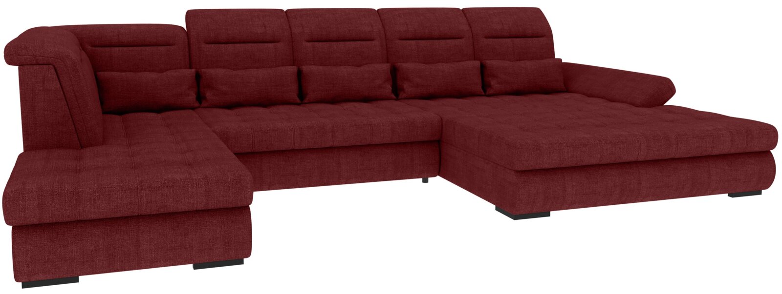 Z2 Wohnlandschaft NOAH Bordeauxrotes U-förmiges Wohnlandschaft-Ecksofa mit Stoffbezug, breiten Armlehnen, verstellbaren Kopfstützen und zwei Recamieren, Ansicht schräg von vorne