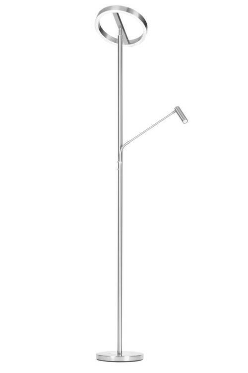 Moderner LED-Deckenfluter aus Metall in silberner Farbe, seitliche Ansicht