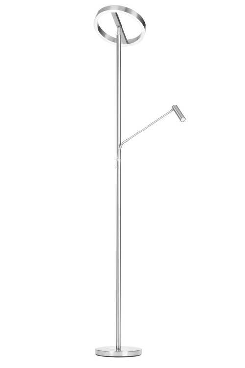 Moderner LED-Deckenfluter aus Metall in silberner Farbe, seitliche Ansicht