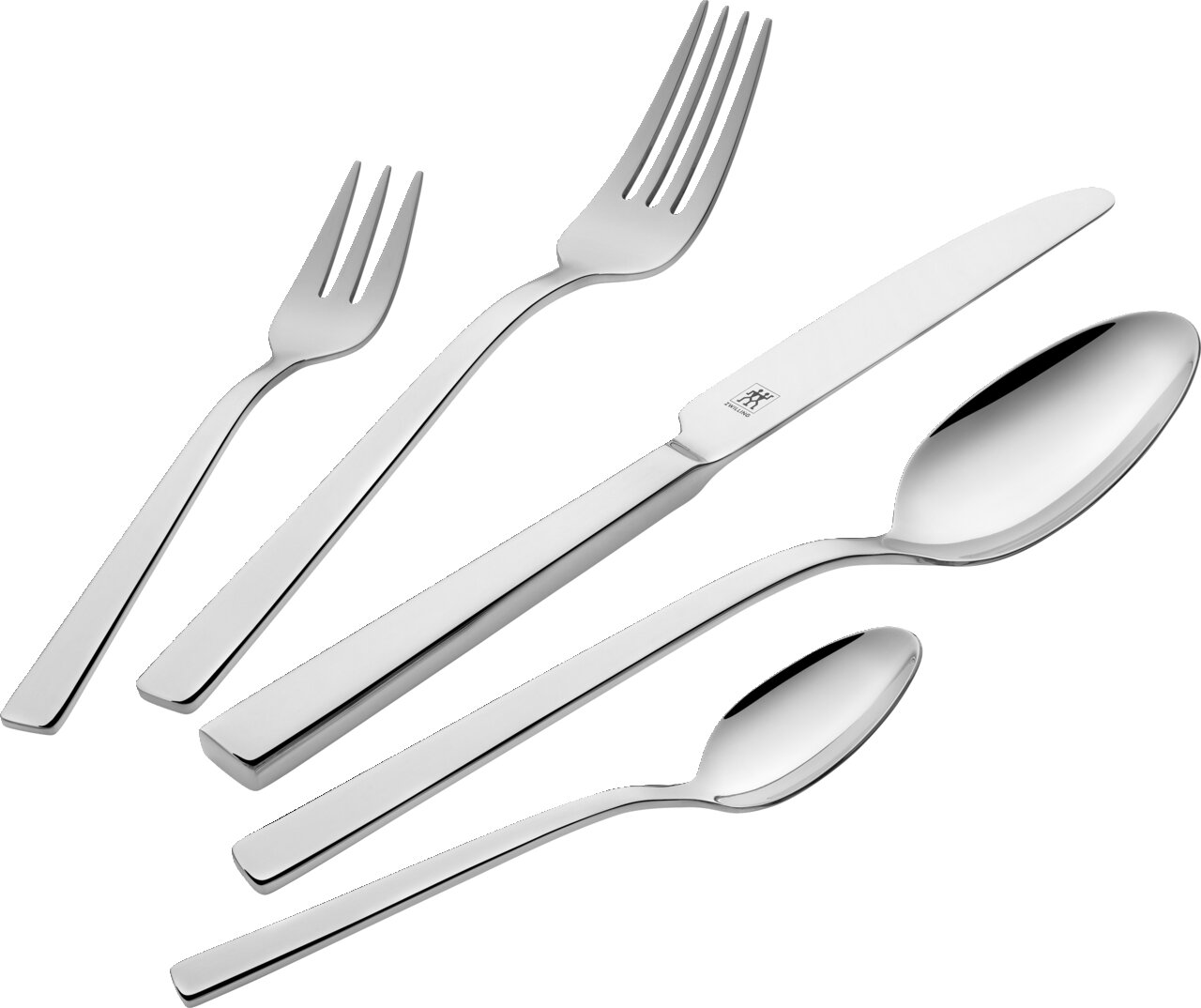 Set aus Edelstahlbesteck bestehend aus Gabel, Messer, Esslöffel, Teelöffel und Kuchengabel, in schräger Draufsicht.