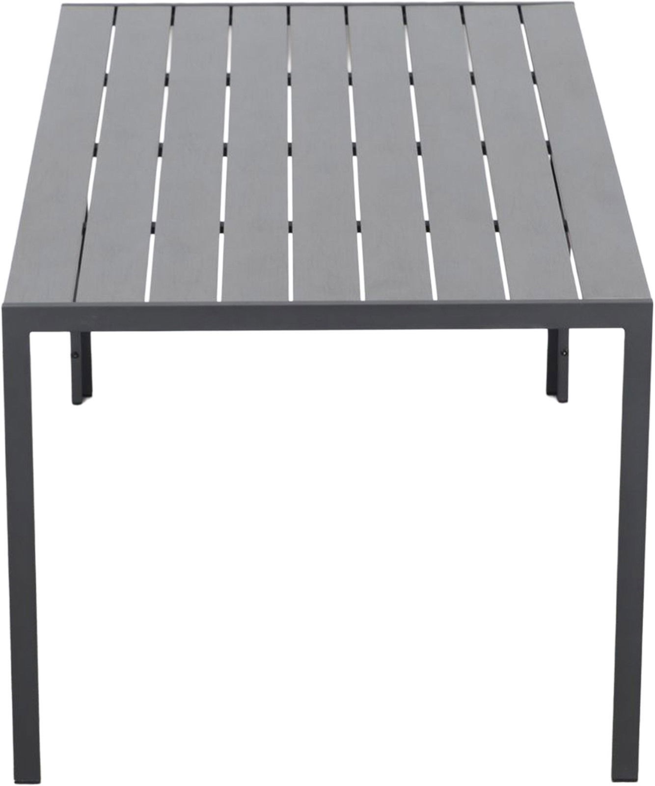 Moderner Gartentisch 150x90 cm aus Metall mit Lattenoptik, frontal von oben betrachtet.