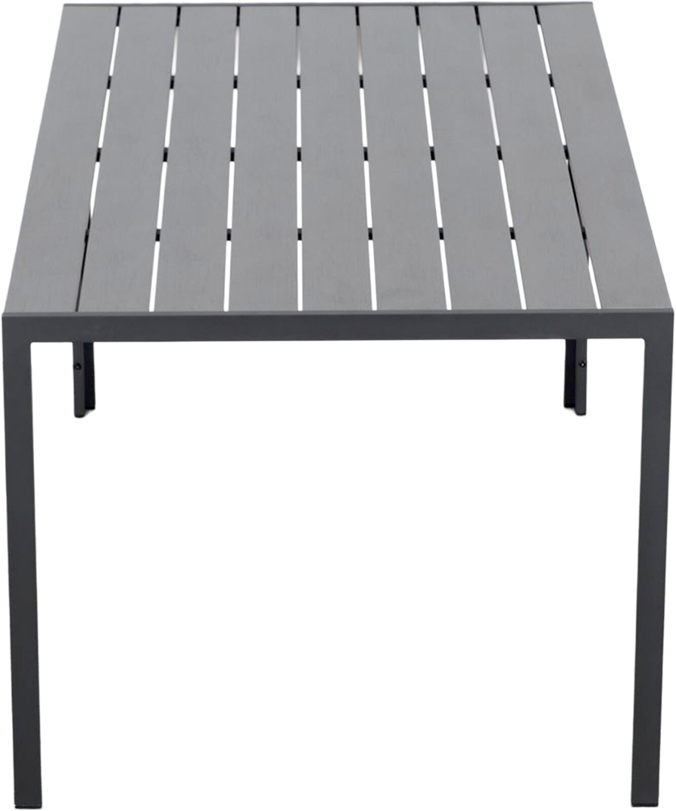 Moderner Gartentisch 150x90 cm aus Metall mit Lattenoptik, frontal von oben betrachtet.