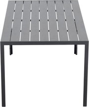 Moderner Gartentisch 150x90 cm aus Metall mit Lattenoptik, frontal von oben betrachtet.
