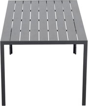 Moderner Gartentisch 150x90 cm aus Metall mit Lattenoptik, frontal von oben betrachtet.