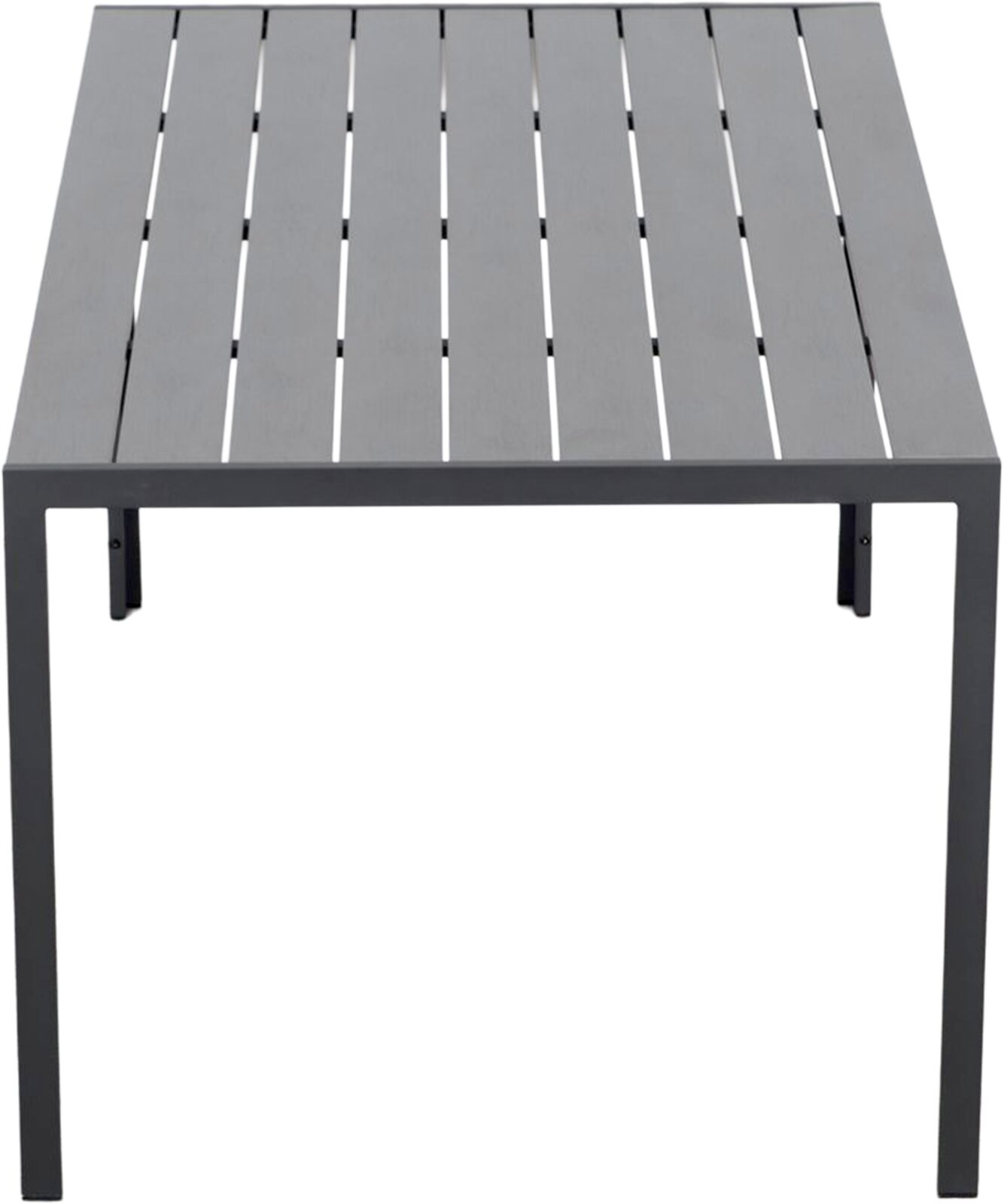 Moderner Gartentisch 150x90 cm aus Metall mit Lattenoptik, frontal von oben betrachtet.