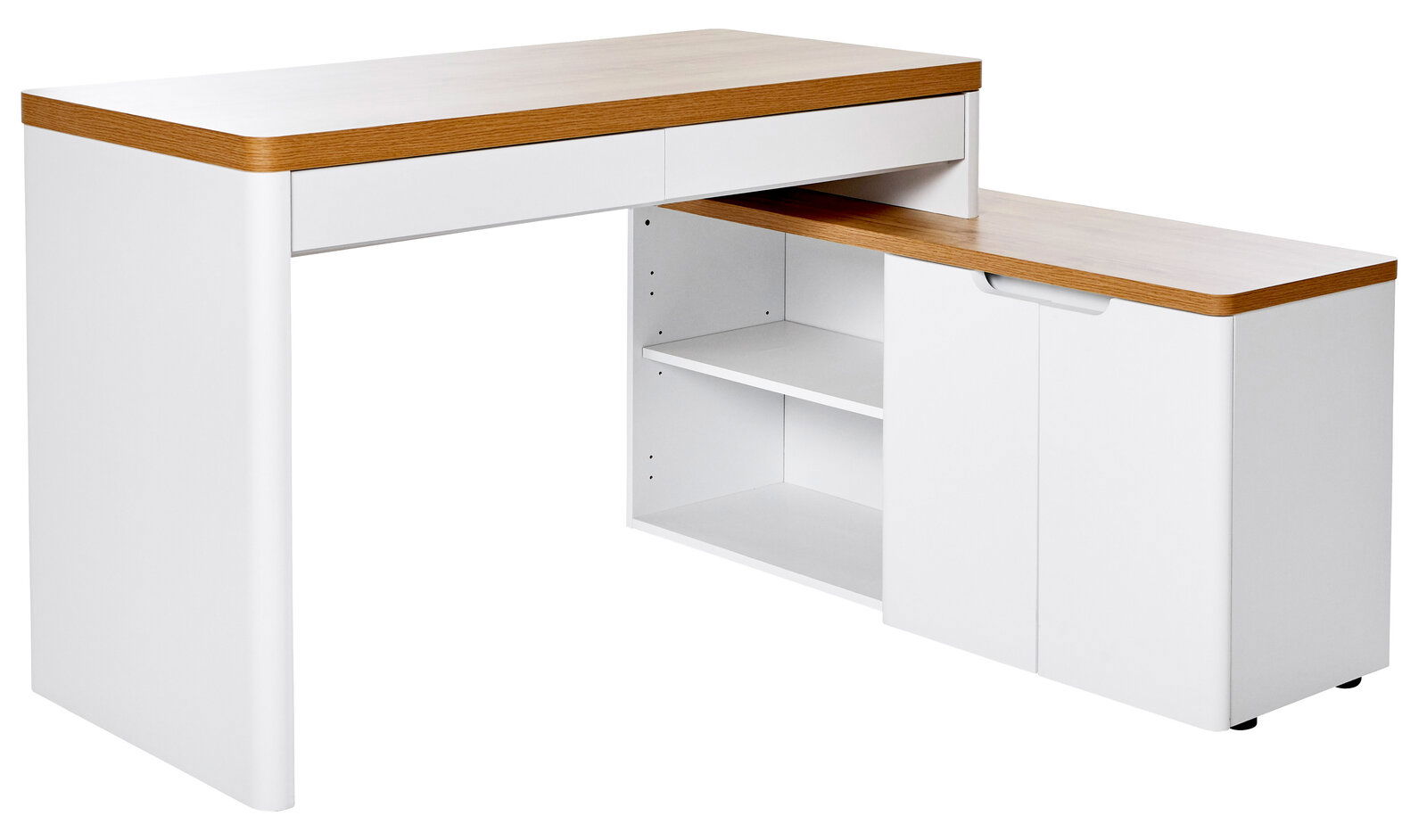 Moderner weißer Eck-Schreibtisch mit Holzoberfläche, seitliche Perspektive