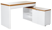Moderner weißer Eck-Schreibtisch mit Holzoberfläche, seitliche Perspektive