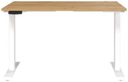 Elektrisch höhenverstellbarer Schreibtisch mit Holzplatte und weißen Metallbeinen, Frontalansicht