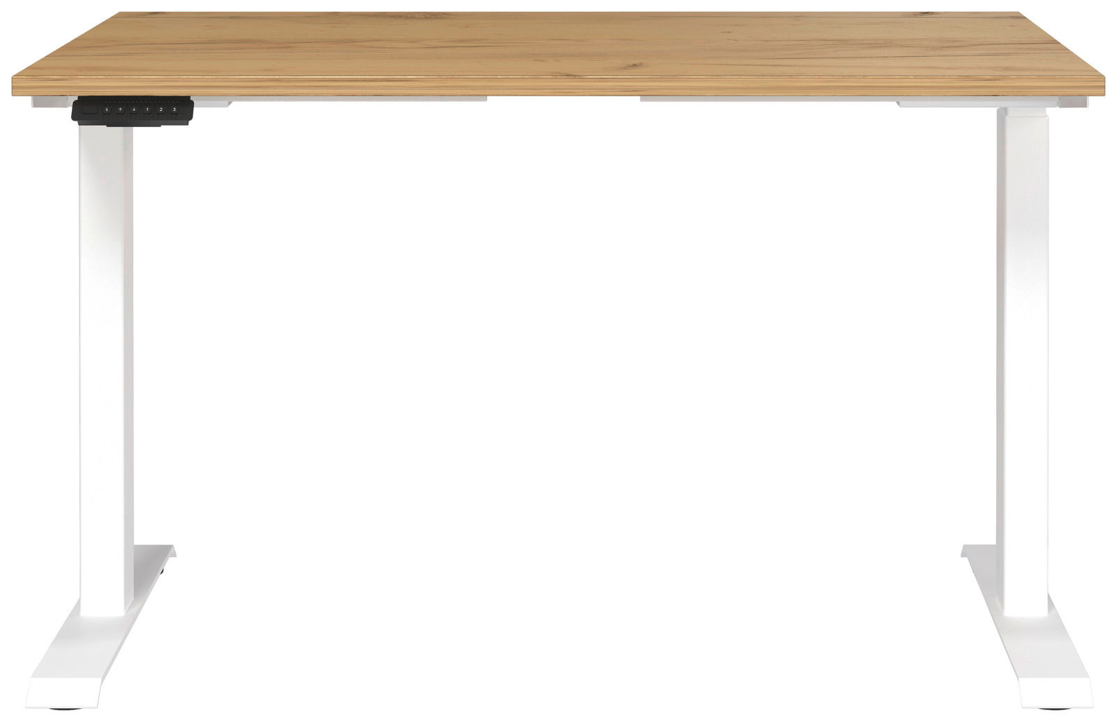 Elektrisch höhenverstellbarer Schreibtisch mit Holzplatte und weißen Metallbeinen, Frontalansicht