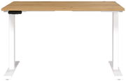 Elektrisch höhenverstellbarer Schreibtisch mit Holzplatte und weißen Metallbeinen, Frontalansicht